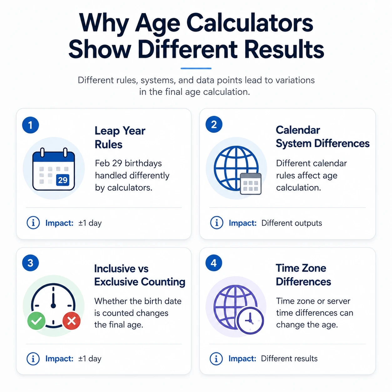 why age calculators show different results due to leap year and time zone rules 