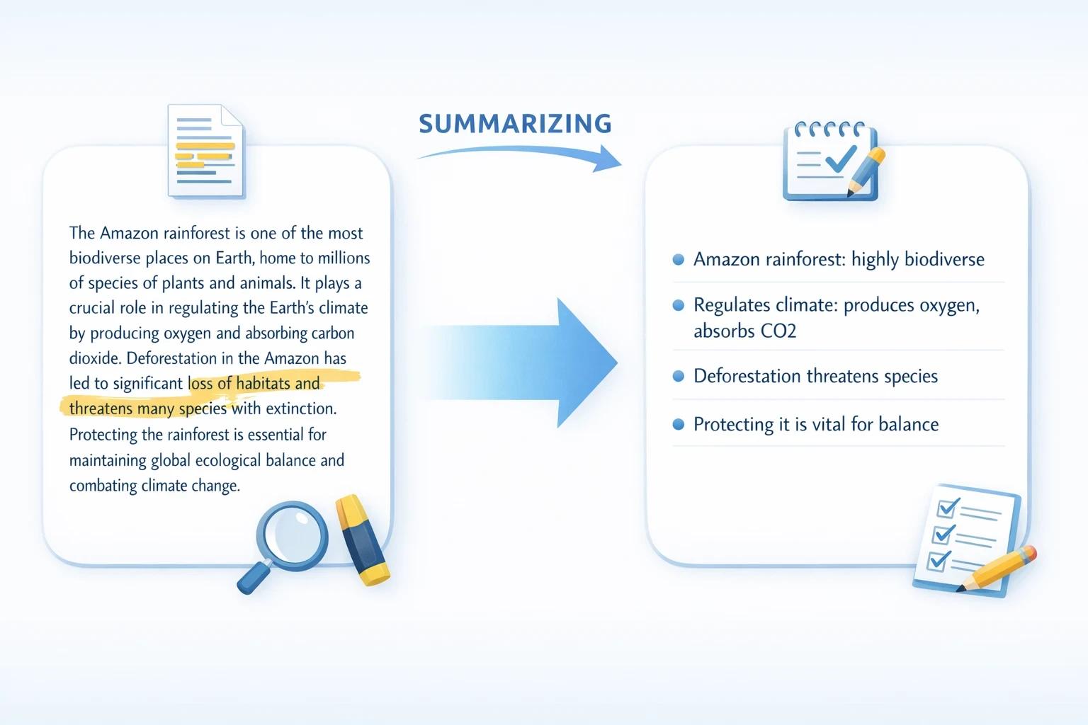 summarizing reduces long text into key points illustration
