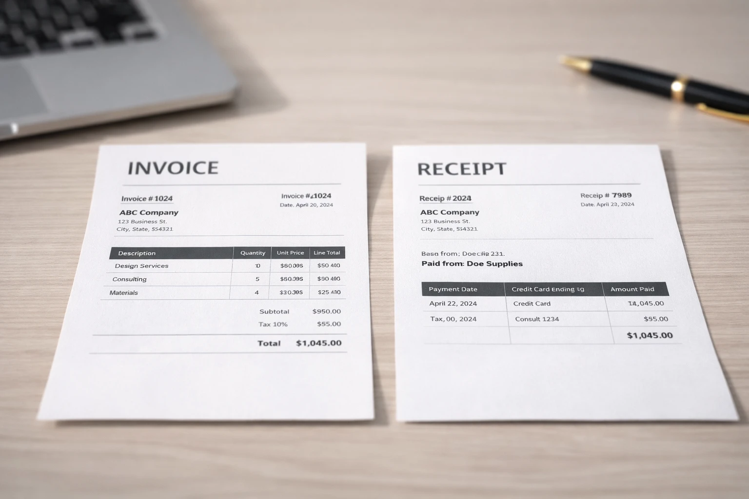Comparison of an invoice and receipt showing differences in payment documentation

