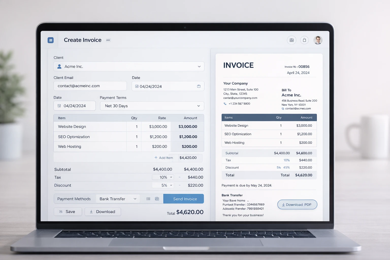 online invoice generator tool interface showing automatic invoice creation