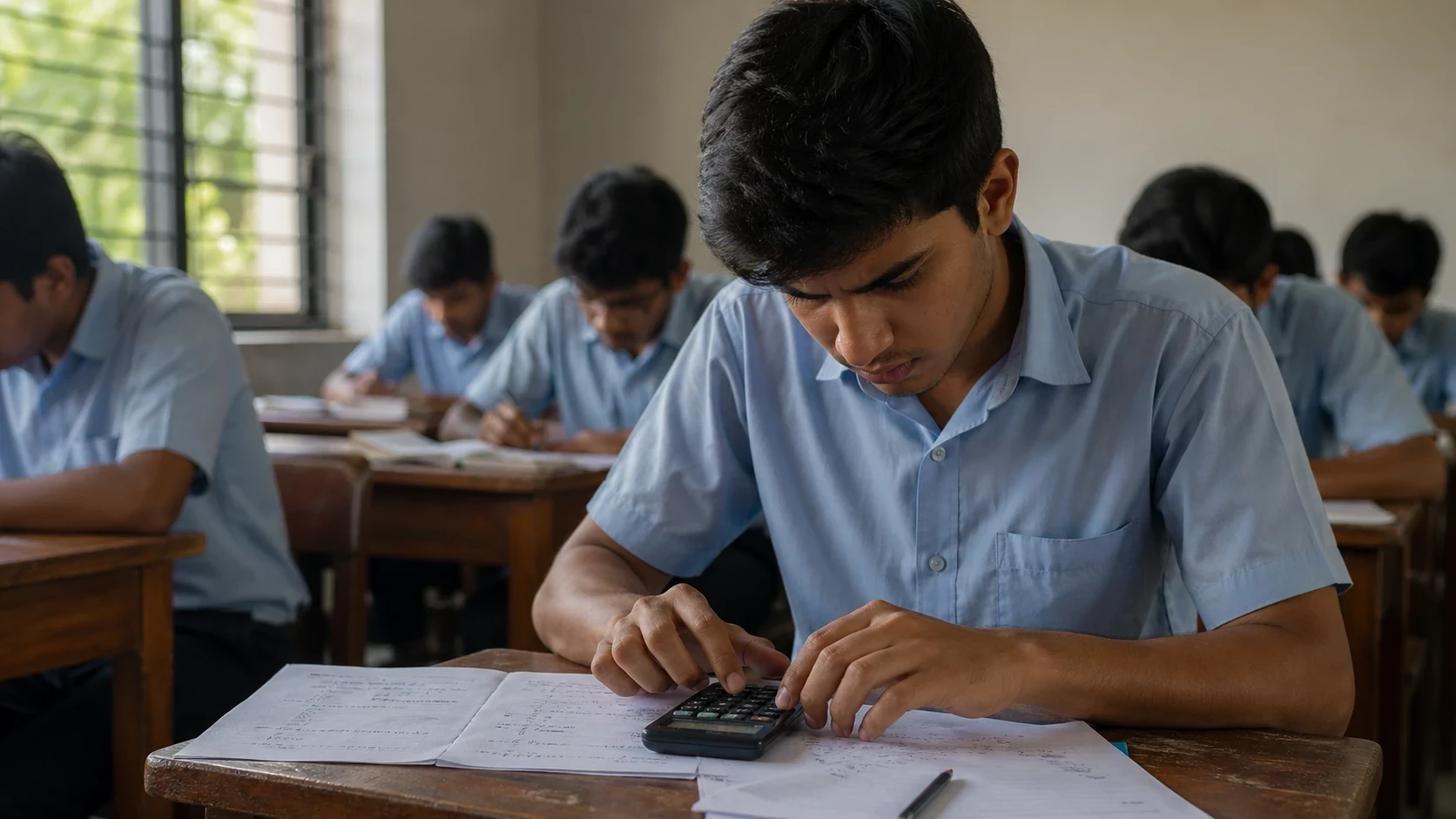 Students using scientific calculator in exam hall under time pressure
