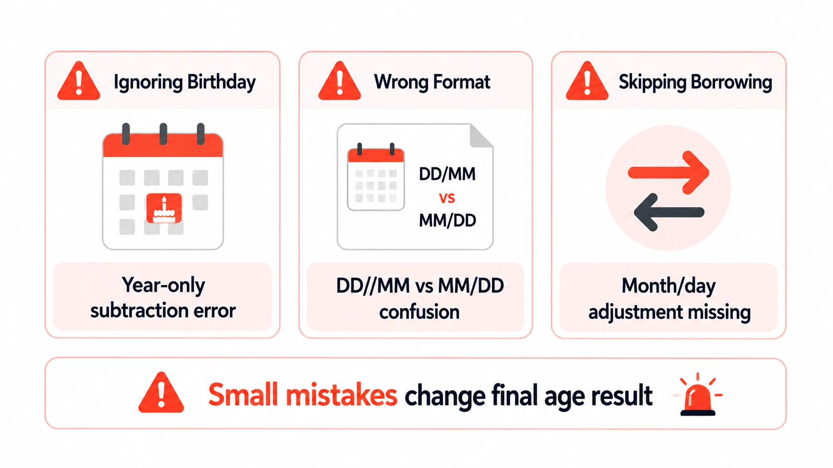 Common mistakes in manual age calculation ignoring birthday and borrowing