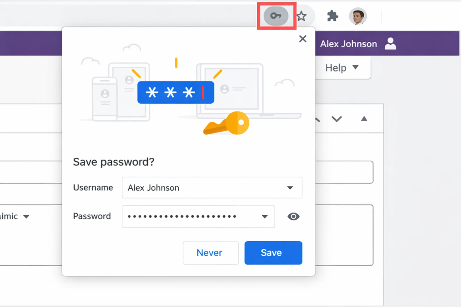 Chrome save password prompt showing autofill feature with hidden password
