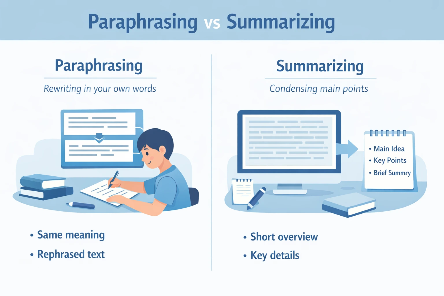 difference between paraphrasing and summarizing comparison infographic