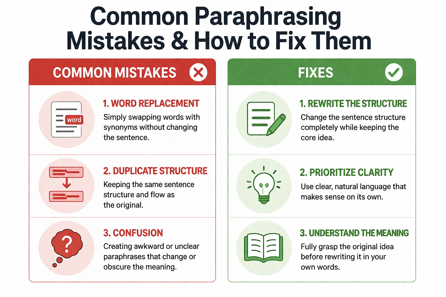 infographic showing common paraphrasing mistakes and their fixes

  