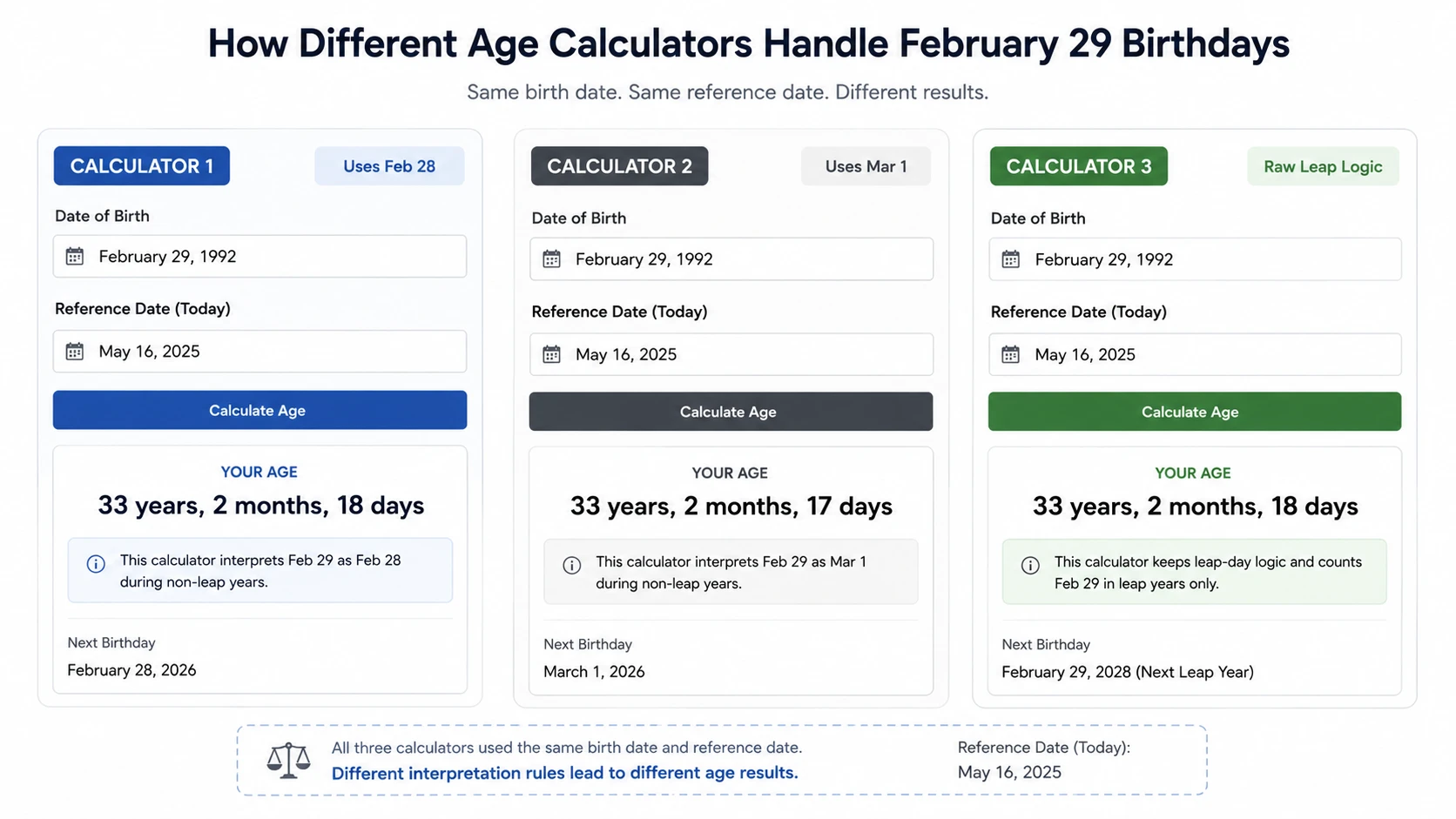 Different age calculators showing inconsistent leap year results