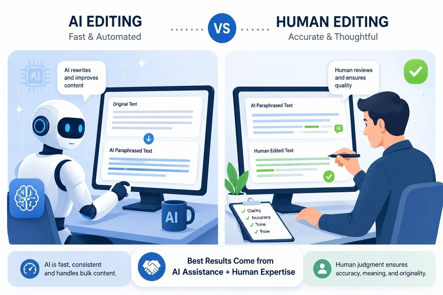 AI paraphrasing tool with human editing for safe and original content