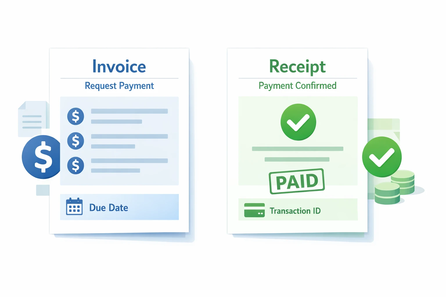 invoice vs receipt difference showing payment request and payment confirmation
