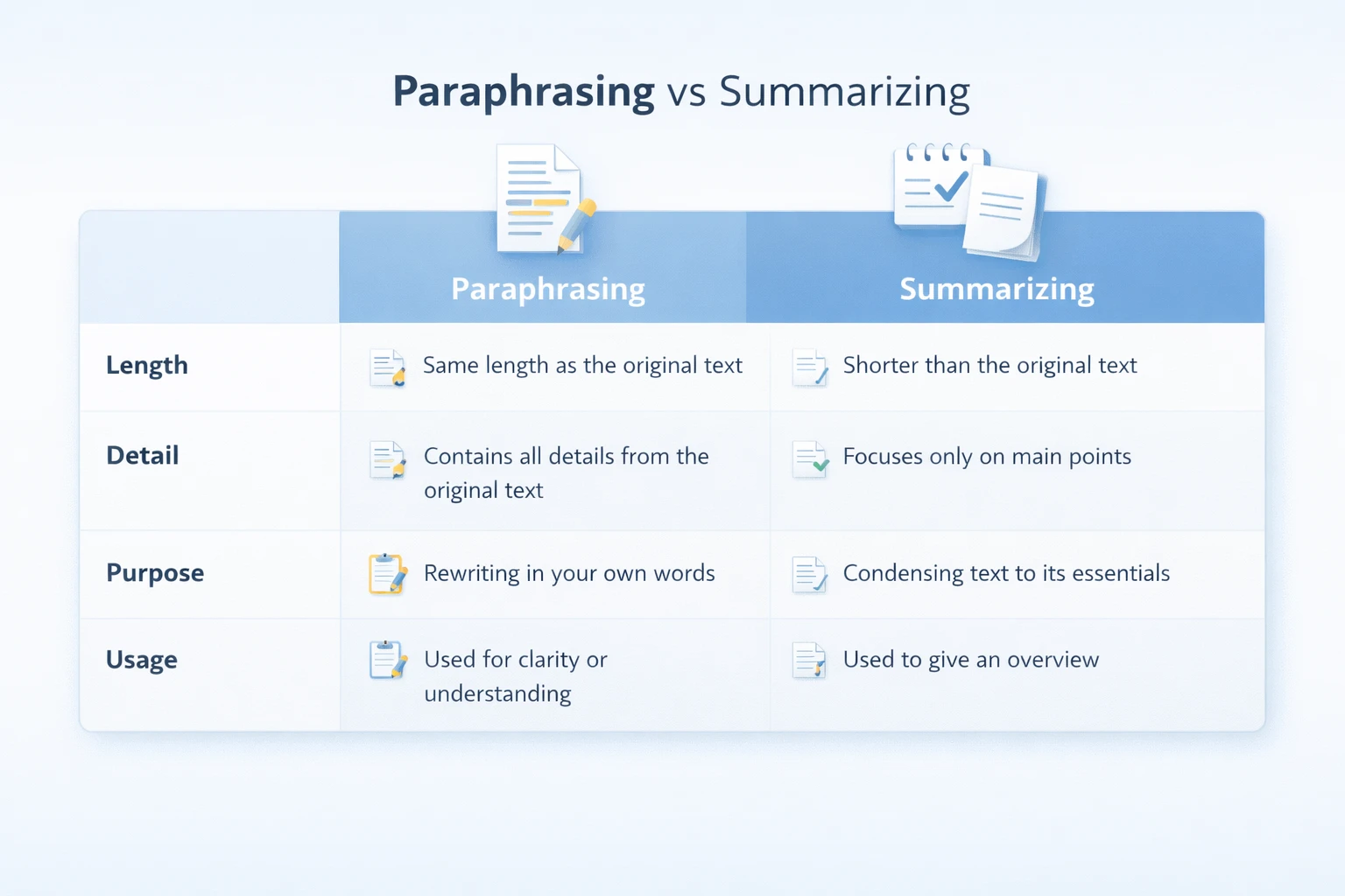 comparison table showing difference between paraphrasing and summarizing

