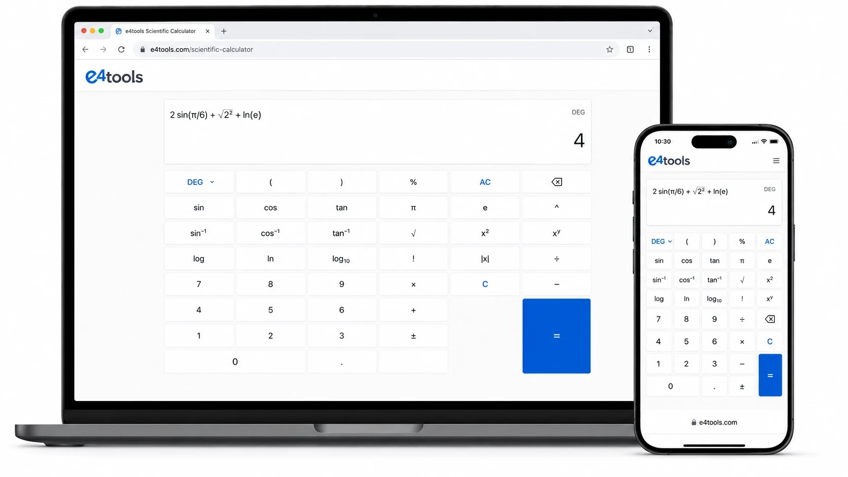Online scientific calculator in browser on laptop and mobile device