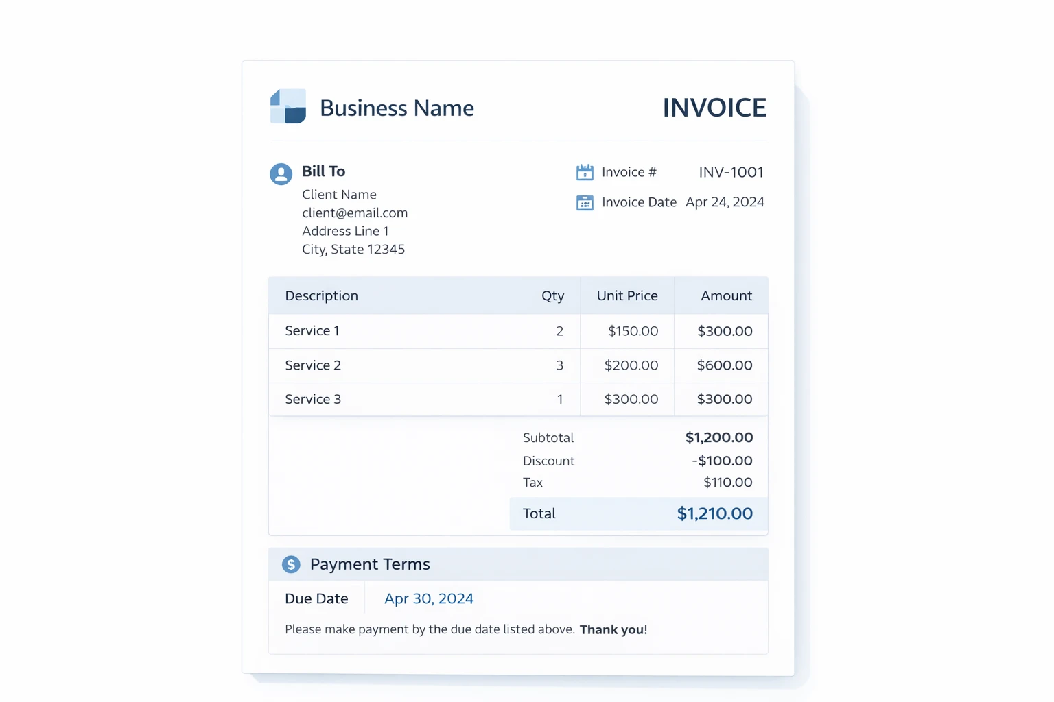 professional invoice example with itemized services total amount and due date
