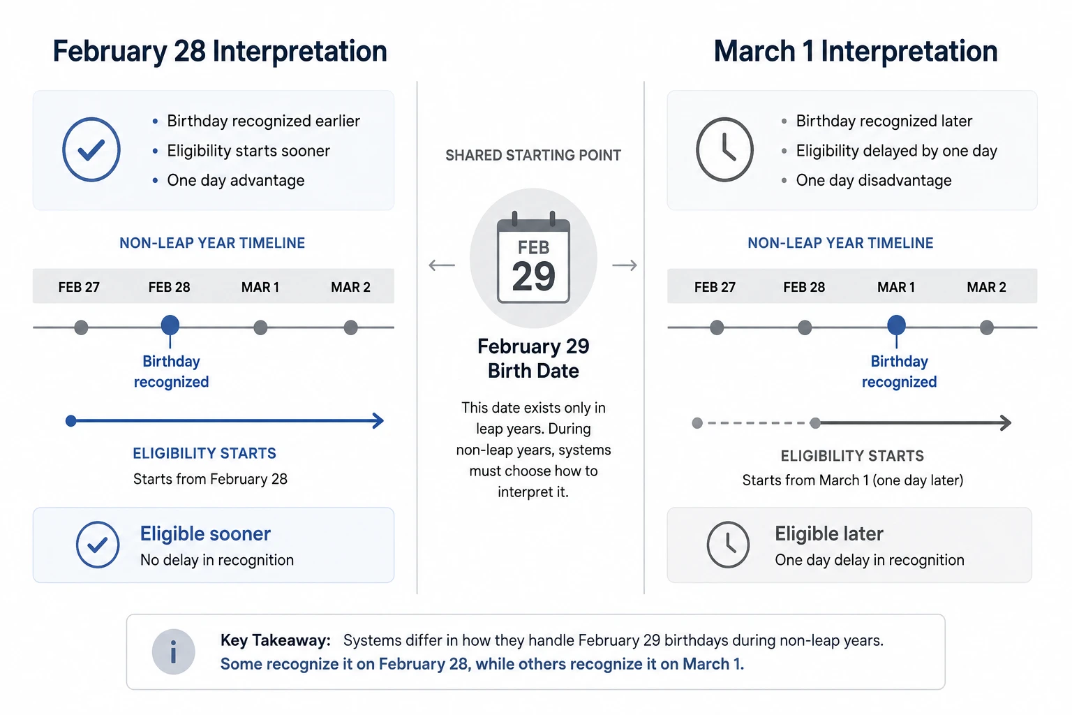 February 29 birthday interpretation: Feb 28 vs March 1 comparison