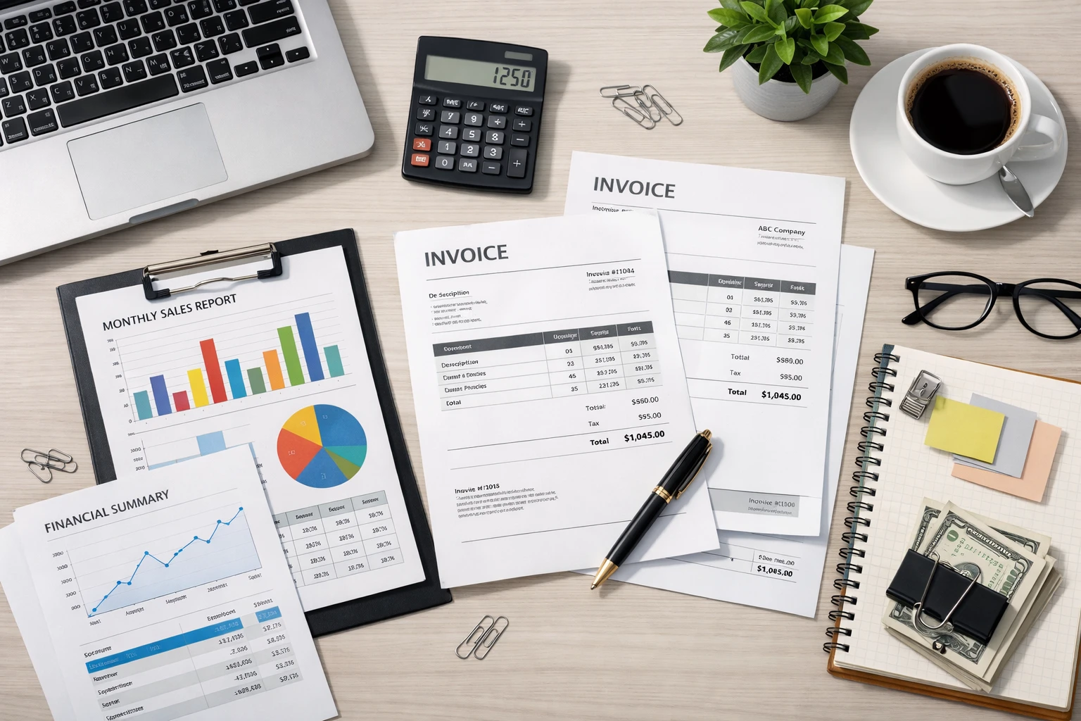 Organized small business finances with invoices and charts on a desk

