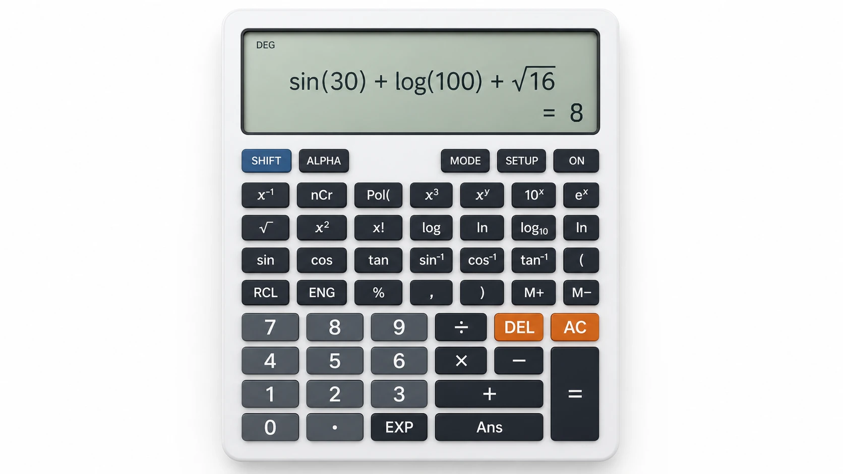 Online scientific calculator showing sin, log, and square root functions