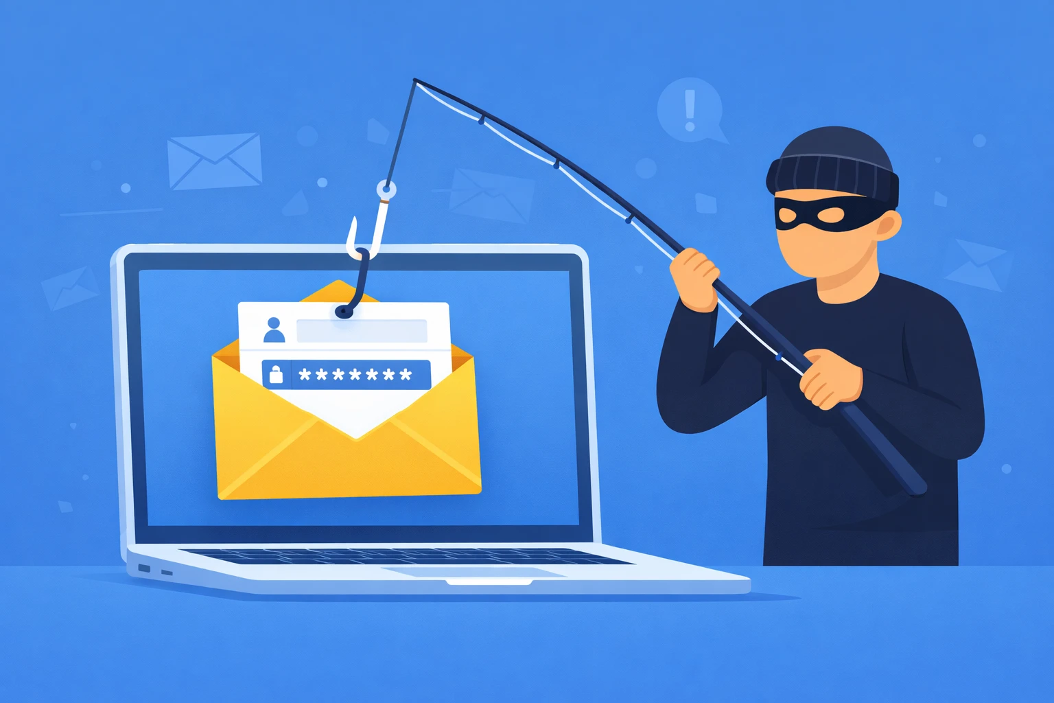 Phishing attack illustration showing hacker stealing login credentials


