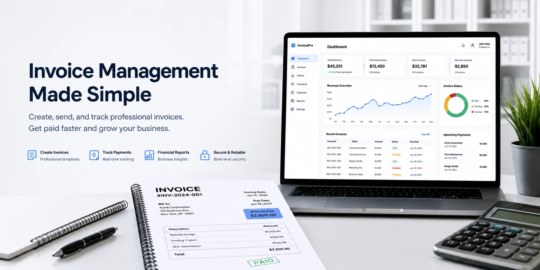 Invoice management system for freelancers and small businesses tracking payments.