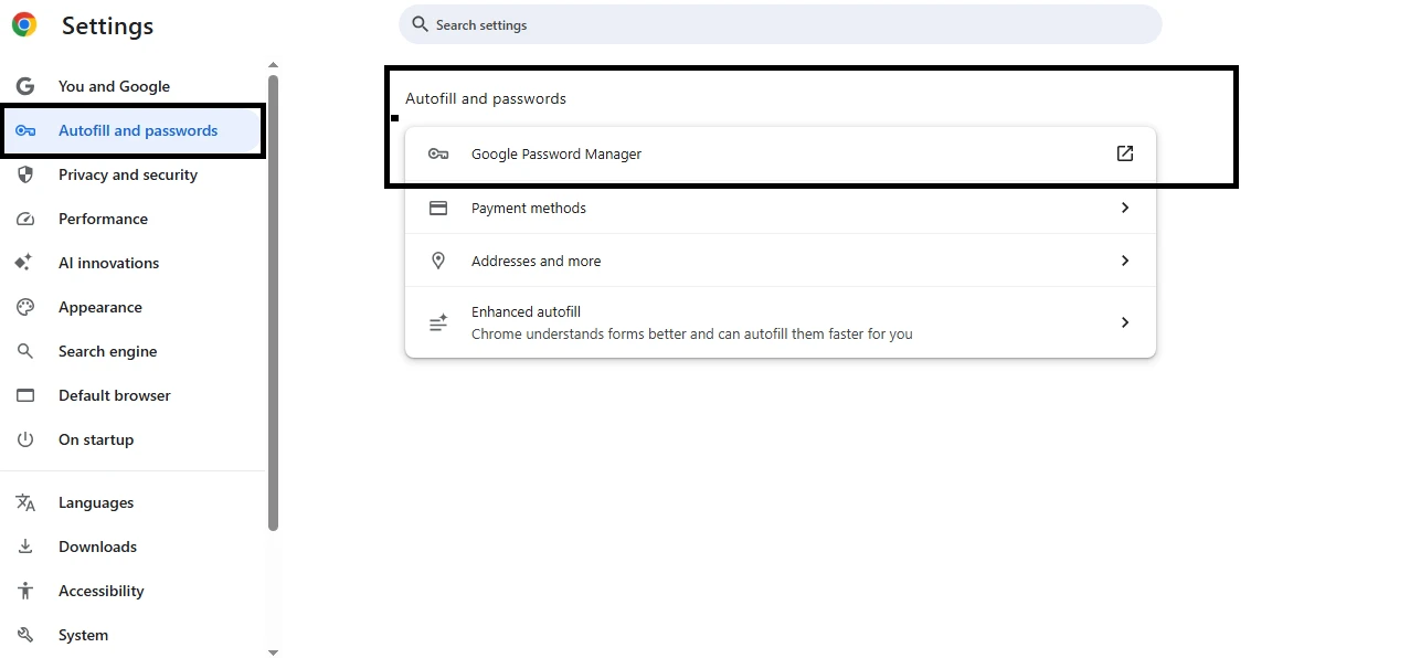 Chrome password manager settings page showing saved passwords and autofill options
