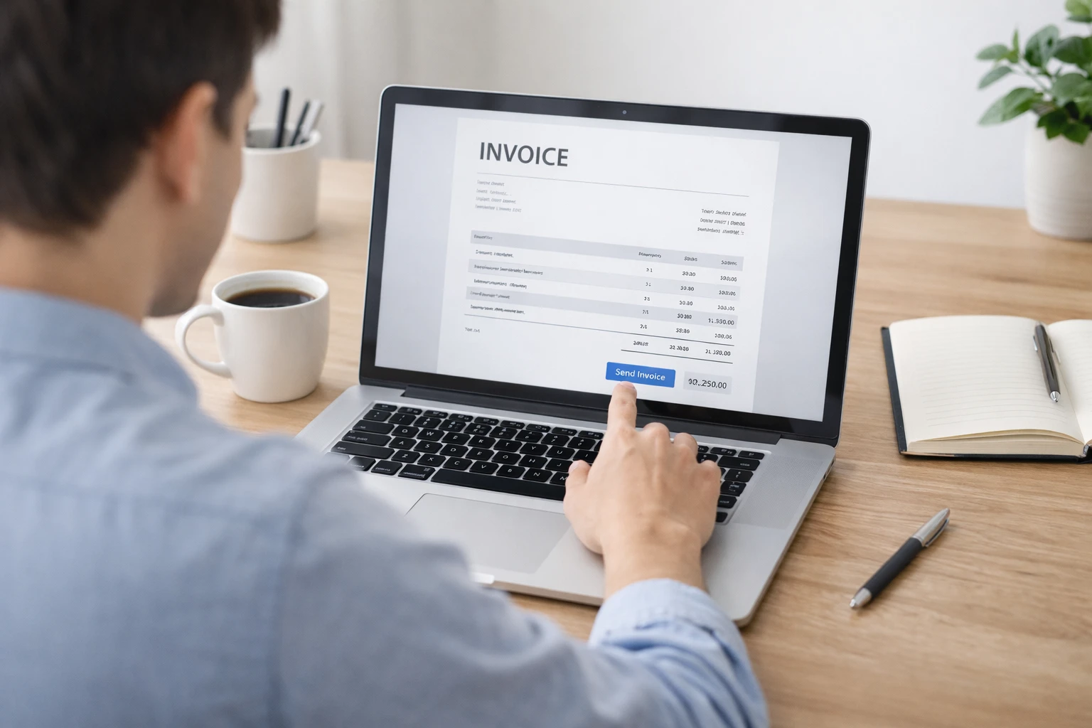 Freelancer sending a professional invoice online to a client

