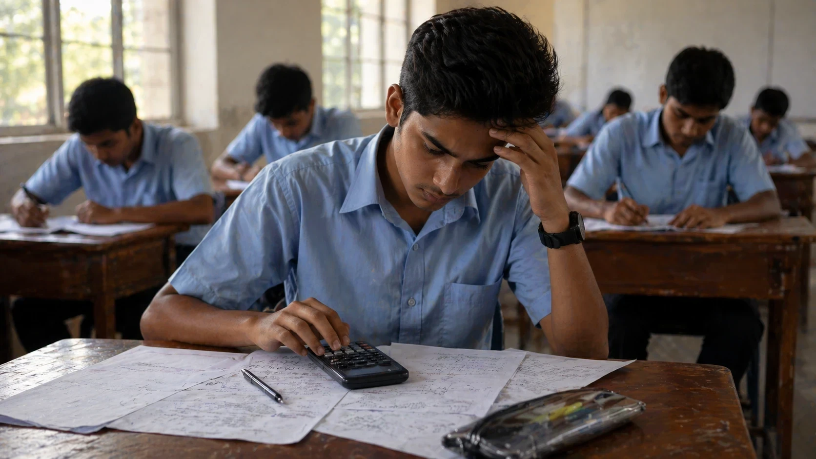 Student using scientific calculator during exam with stress and focus